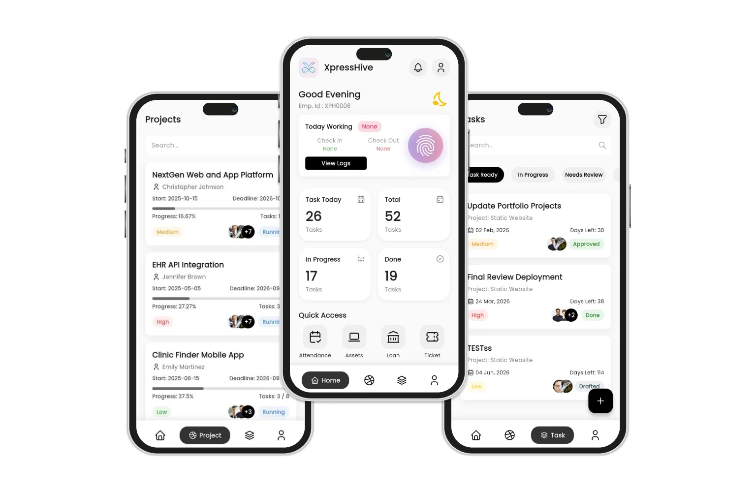 XpressHive HRMS mobile app showing project tracking and daily task management